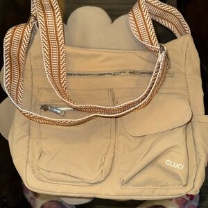 CLuci Beige Multi-Pocket Shoulder Bag with Striped Strap